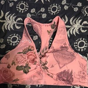 ISO Medium Darc Sport Pink Floral & Tattoo-Print Racerback Sports Bra